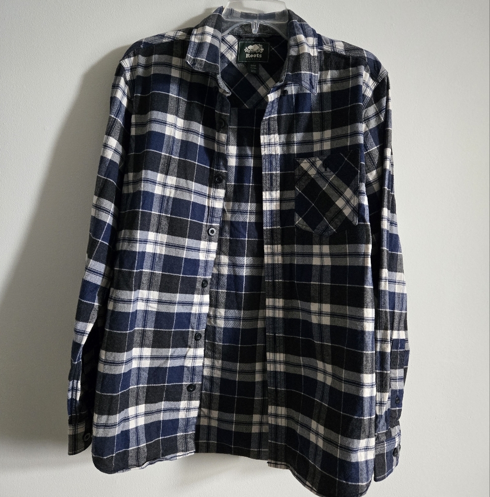 ROOTS Blue and White Plaid Flannel Shirt